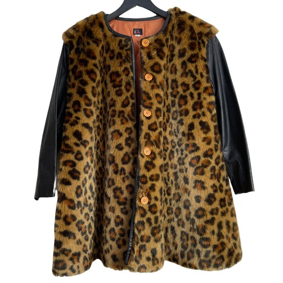 Vtg Swing Black Coat Leather w Cheetah Faux Fur  size S/ M - Picture 3 of 6